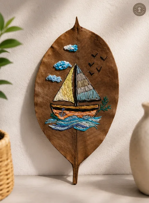 Handcrafted Embroidered Sailboat Leaf Art