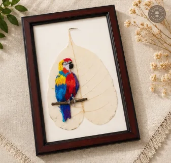 Handcrafted Embroidered Macaw Parrot Leaf Art