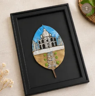 Handcrafted Taj Mahal Leaf Art in Wooden Frame