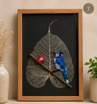 Handcrafted Embroidered Blue Songbird Leaf Art in Wooden Frame