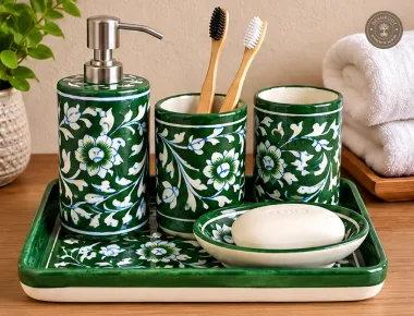 Handcrafted Jaipur Blue Pottery Bathroom Accessories Set
