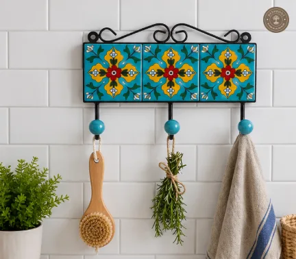 Handcrafted Jaipur Blue Pottery Triple Wall Hook
