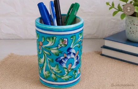 Handcrafted Blue Pottery Ceramic Pen Holder