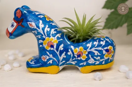 Handcrafted Blue Pottery Horse Planter