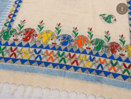 Hand-Painted Madhubani Fish Motif Khadi Cotton Dupatta