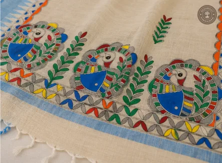 Hand-Painted Madhubani Bird Motif Khadi Cotton Dupatta