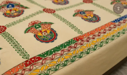 Handmade Mithila Art Double Bedsheet with Kalash Motif