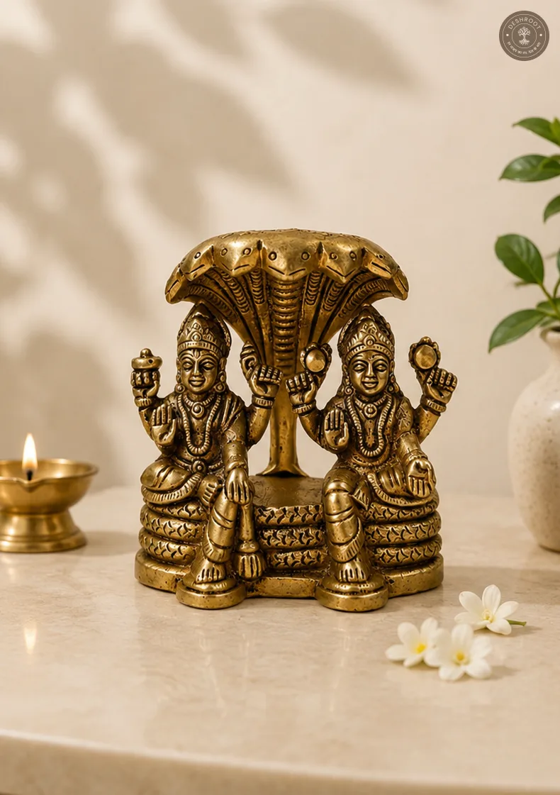 Antique Brass Lakshmi Narayan on Shesh Shaiya Idol