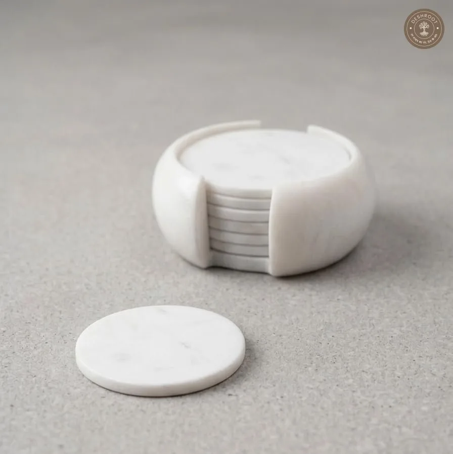 Premium White Makrana Marble Coaster Set with Holder (Pack of 6)