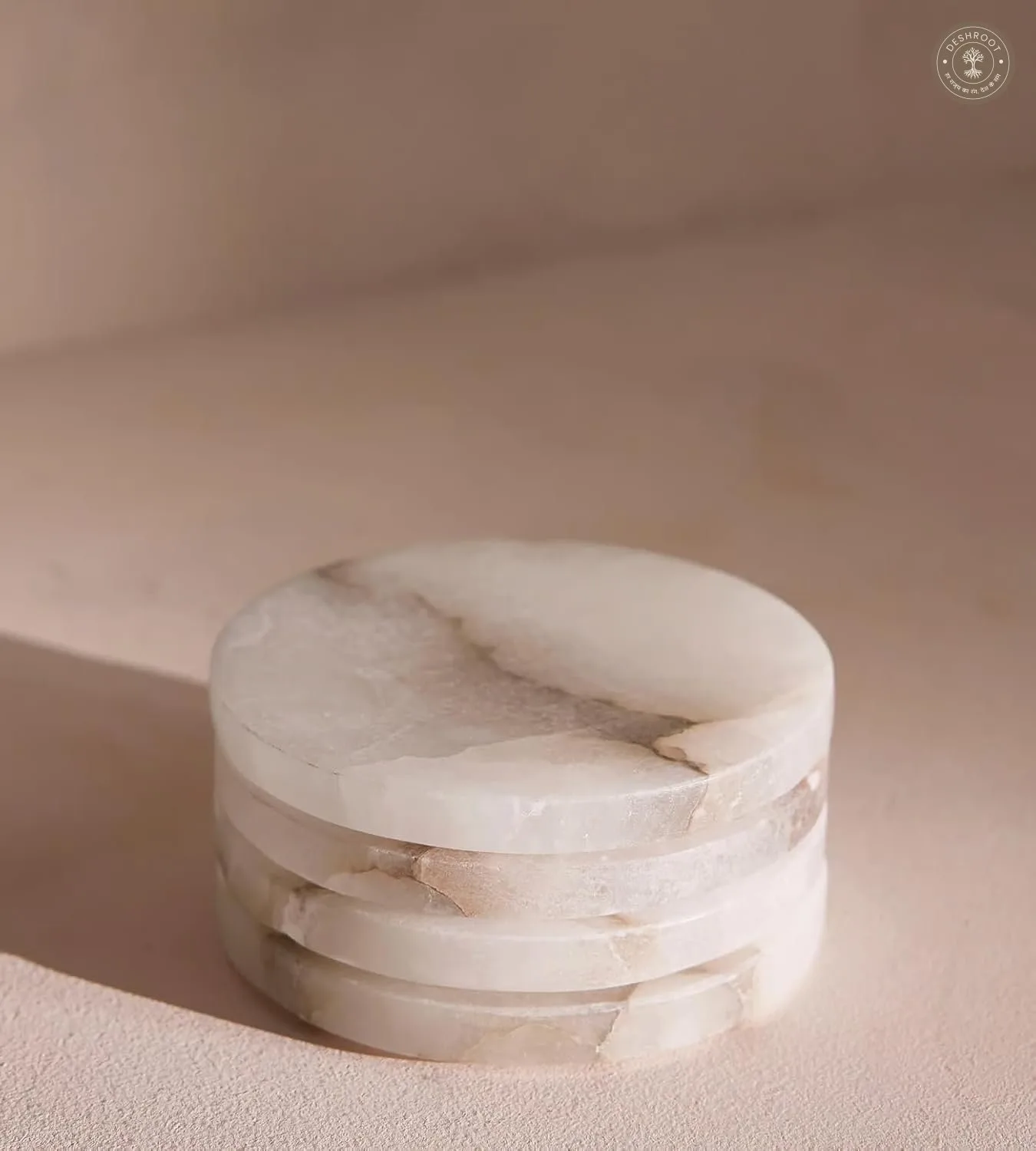 Premium Handcrafted Alabaster Marble Coaster Set with Holder (Set of 4)