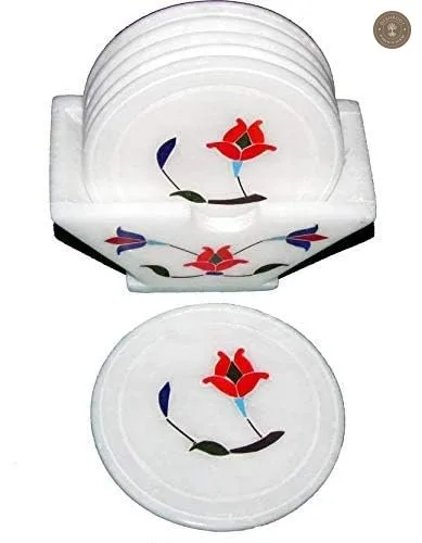 Handcrafted White Marble Floral Inlay Coaster Set with Holder