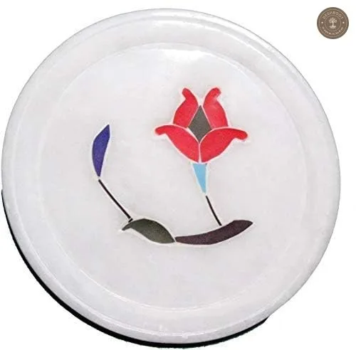 Handcrafted White Marble Floral Inlay Coaster Set with Holder