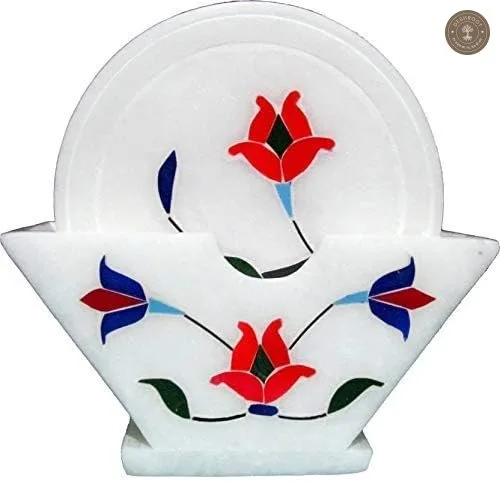 Handcrafted White Marble Floral Inlay Coaster Set with Holder