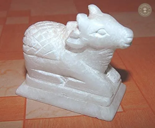 Handcrafted White Marble Nandi Idol - Sacred Lord Shiva Bull Statue for Home Temple, Office & Car Dashboard