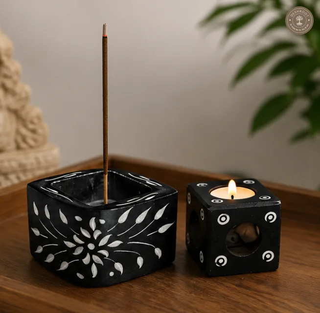 Agra Marble Inlay Black Marble Agarbatti & Tealight Holder