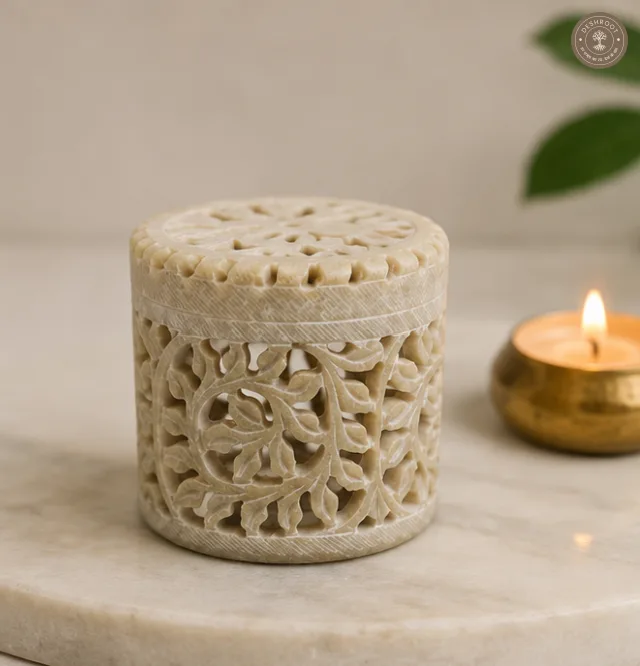 Heritage Glow Agra Marble Jali Tealight Holder & Decorative Jewellery Box