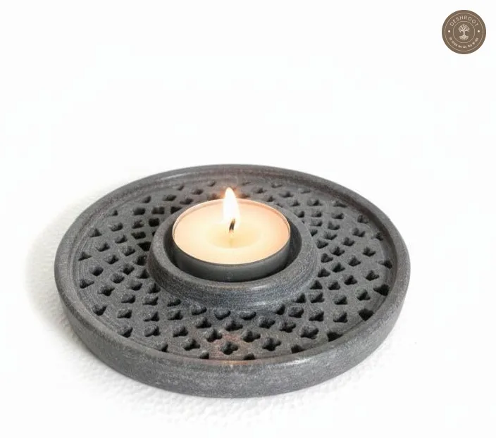 Handmade Marble Soapstone Tealight Candle Holder | Round Lattice Carved Decorative Diya for Home & Festive Décor