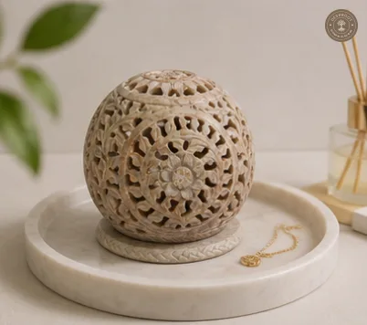 Unique Sphere Hand-Carved Agra Soapstone Tealight Holder