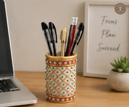 Handcrafted White Marble Pen Holder with Kundan Work - Premium Desk Organizer for Pens, Pencils & Stationery