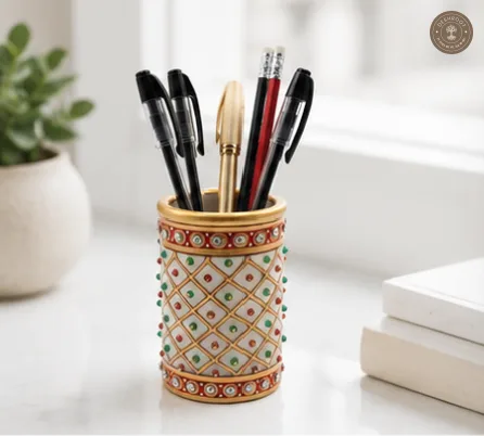 Handcrafted White Marble Pen Holder with Kundan Work - Premium Desk Organizer for Pens, Pencils & Stationery