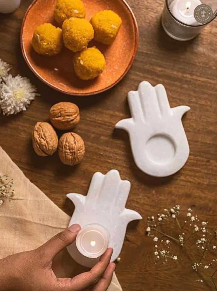 Handcrafted Agra White Marble Hamsa Hand Tea Light Holder