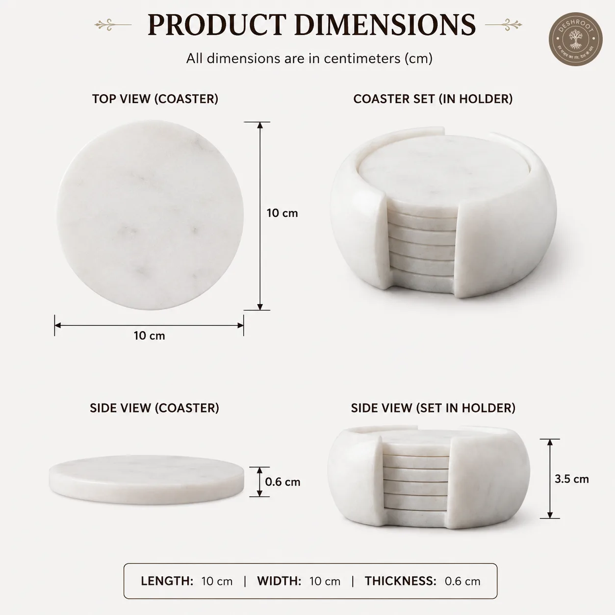 Premium White Makrana Marble Coaster Set with Holder (Pack of 6)