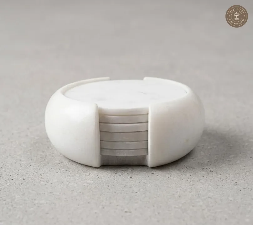 Premium White Makrana Marble Coaster Set with Holder (Pack of 6)