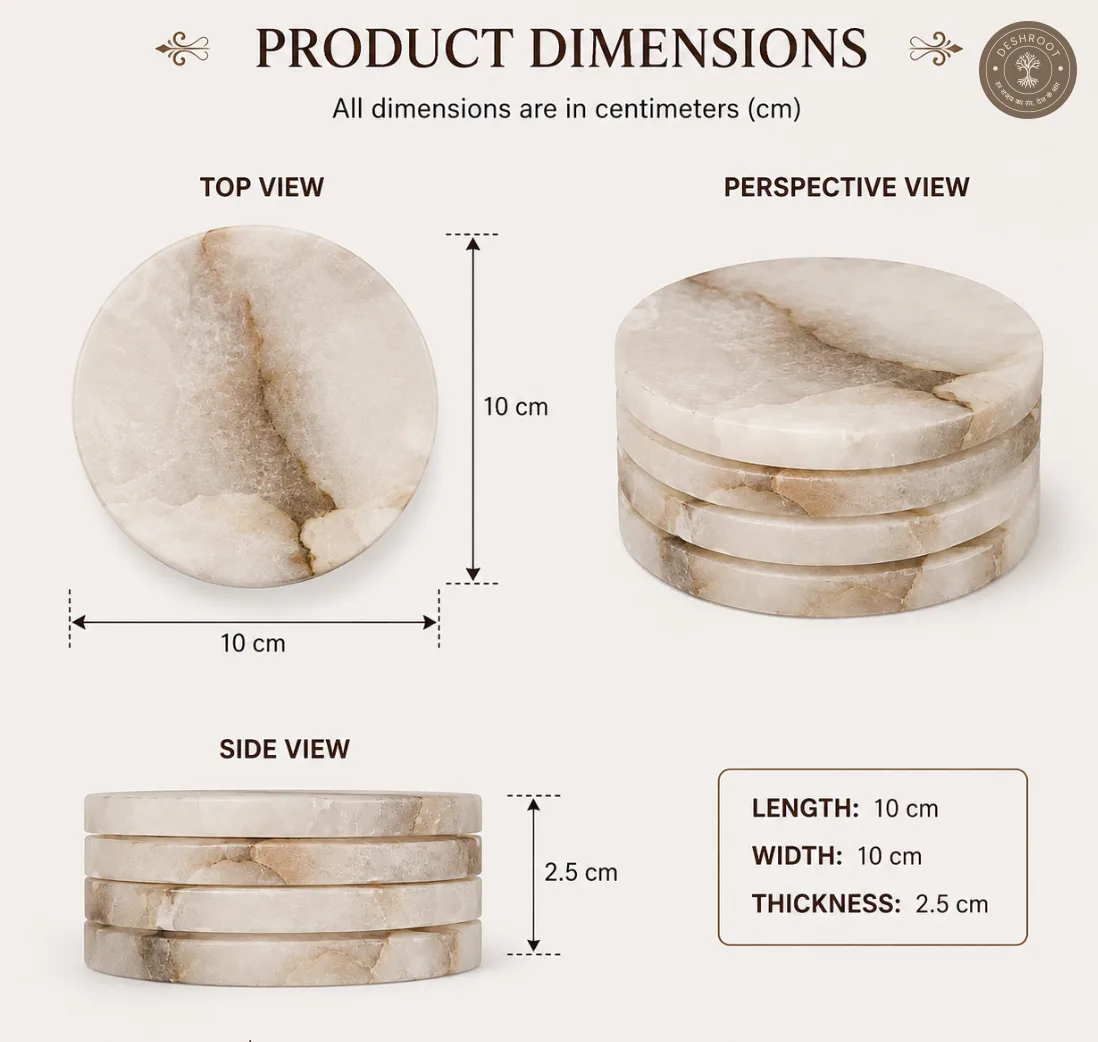 Premium Handcrafted Alabaster Marble Coaster Set with Holder (Set of 4)