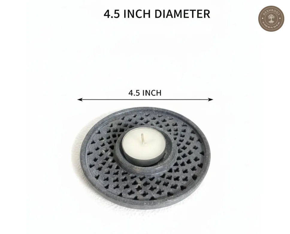 Handmade Marble Soapstone Tealight Candle Holder | Round Lattice Carved Decorative Diya for Home & Festive Décor