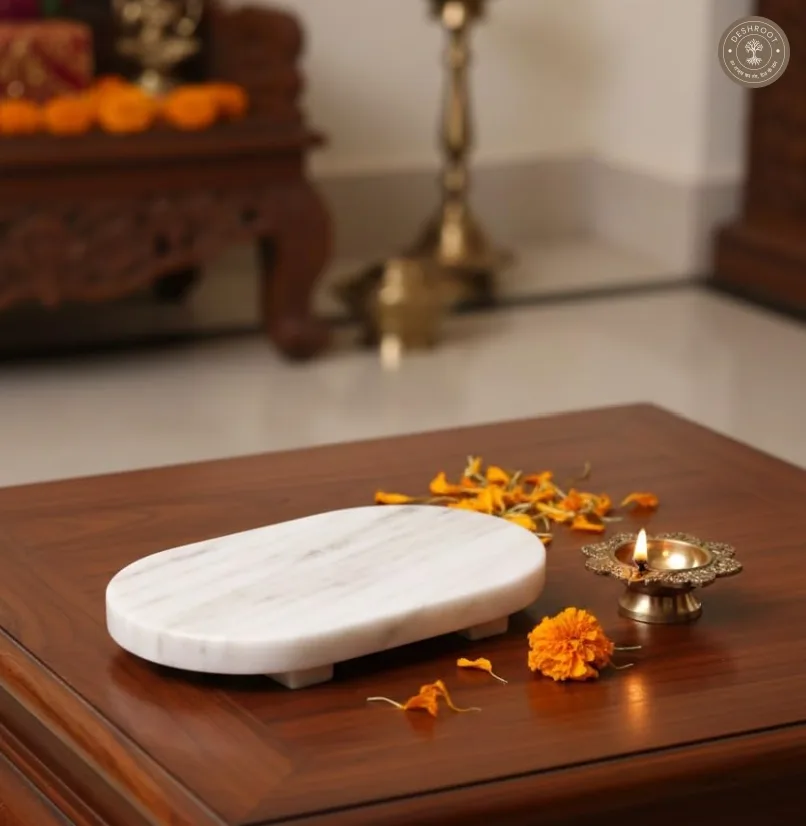 Handcrafted White Marble Pooja Chowki for Home Temple