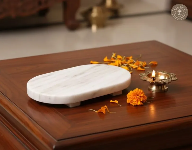 Handcrafted White Marble Pooja Chowki for Home Temple