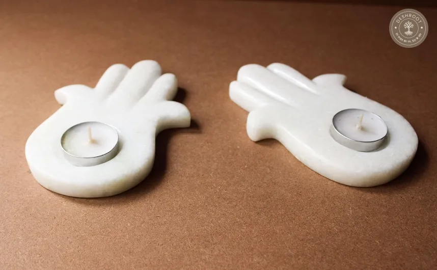 Handcrafted Agra White Marble Hamsa Hand Tea Light Holder