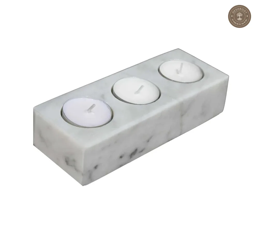 Handcrafted Sangmarmar Marble Triple Tealight Candle Holder