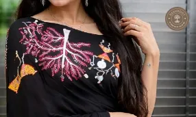 Black Cotton Saree with Handcrafted Folk Dance & Tree Artwork
