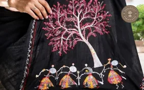Black Cotton Saree with Handcrafted Folk Dance & Tree Artwork