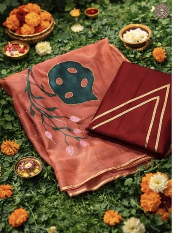Handcrafted Rose Pink Floral Print Saree with Contemporary Folk Motifs