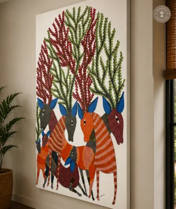 Gond Painting – Vibrant Tribal Horses & Tree of Life Acrylic Artwork on Canvas