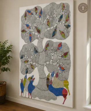 Gond Painting – Tree of Life with Birds & Peacocks