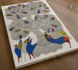 Gond Painting – Tree of Life with Birds & Peacocks
