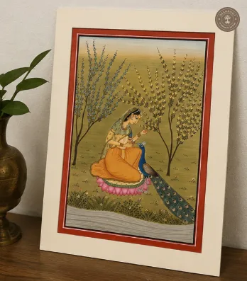 Kangra Miniature Painting – Woman with Peacock
