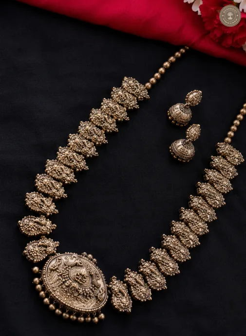 Antique Bronze Terracotta Long Haaram with Matching Jhumkas