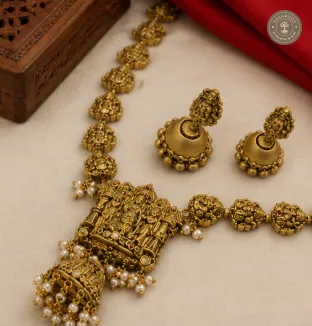 Antique Gold Terracotta Haaram Set with Kundan Stones and Matching Earrings