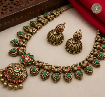 Peacock Theme Beautiful Terracotta Necklace Set with Matching Jhumkas