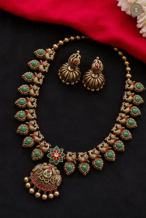 Peacock Theme Beautiful Terracotta Necklace Set with Matching Jhumkas