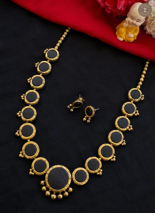 Antique Gold-Black Terracotta Long Chain with Matching Earrings