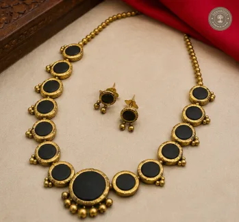Antique Gold-Black Terracotta Long Chain with Matching Earrings