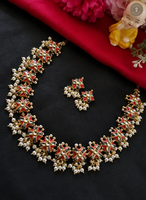 Beautiful Terracotta Necklace Set with Kundan Stones and Hanging Pearls