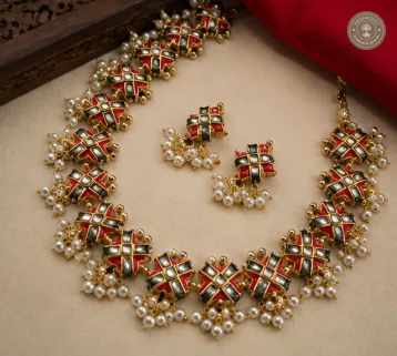 Beautiful Terracotta Necklace Set with Kundan Stones and Hanging Pearls