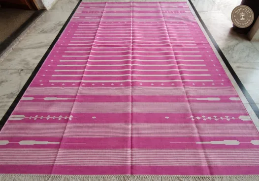 Pink & Ivory Geometric Striped Handwoven Durrie