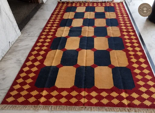 Maroon & Navy Checkerboard Geometric Handwoven Durrie